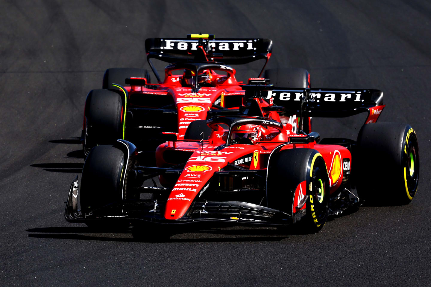 BUDAPEST, HUNGARY - JULY 23: Charles Leclerc of Monaco driving the (16) Ferrari SF-23 leads Carlos