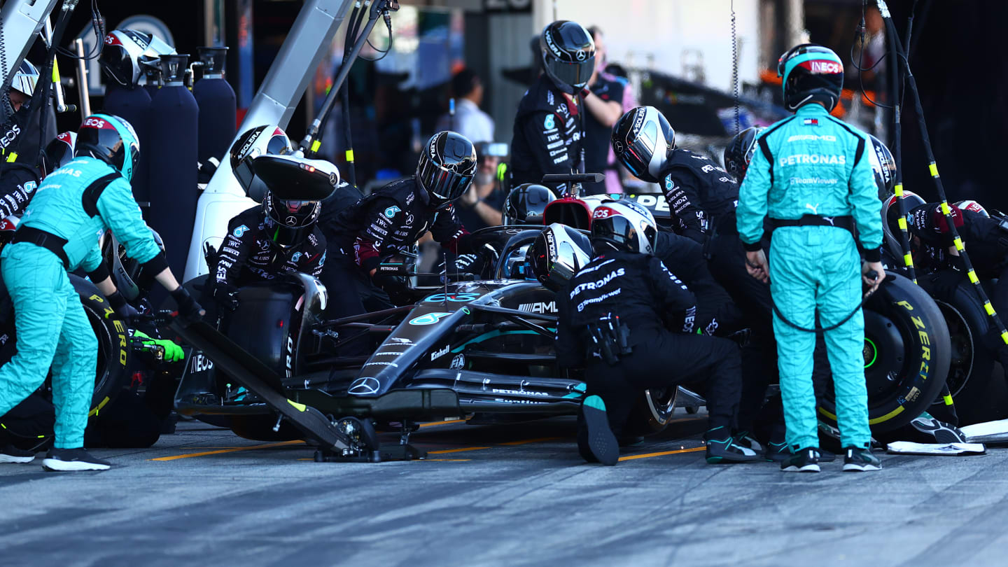 SUZUKA, JAPAN - SEPTEMBER 24: George Russell of Great Britain driving the (63) Mercedes AMG Petronas F1 Team W14 makes a pitstop during the F1 Grand Prix of Japan at Suzuka International Racing Course on September 24, 2023 in Suzuka, Japan. (Photo by Dan Istitene - Formula 1/Formula 1 via Getty Images)