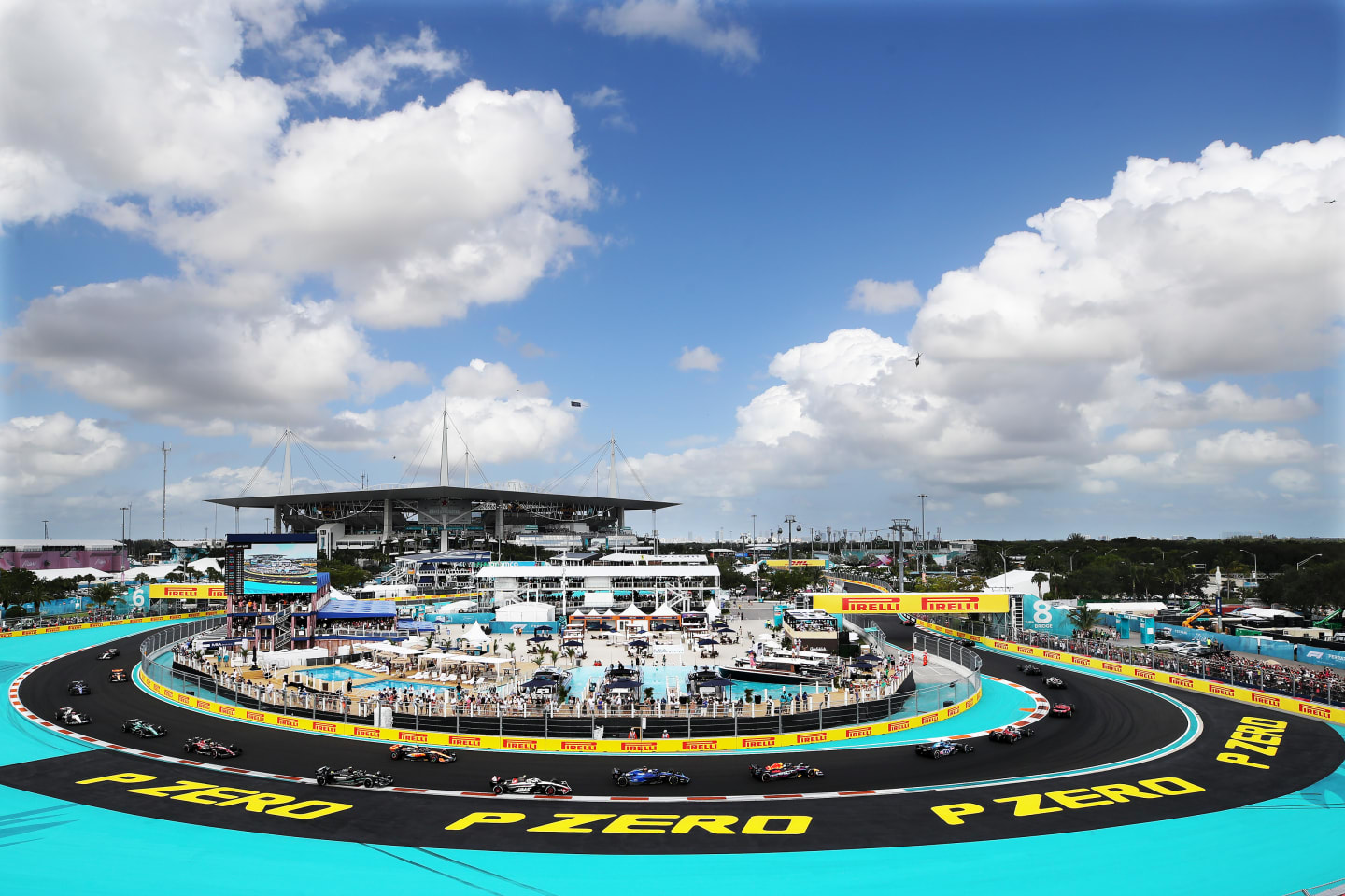 MIAMI, FLORIDA - MAY 07: A general view of the action during the first lap of the F1 Grand Prix of