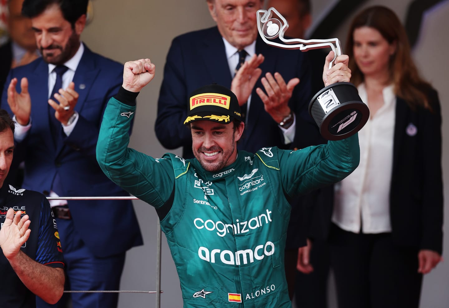 MONTE-CARLO, MONACO - MAY 28: Second placed Fernando Alonso of Spain and Aston Martin F1 Team