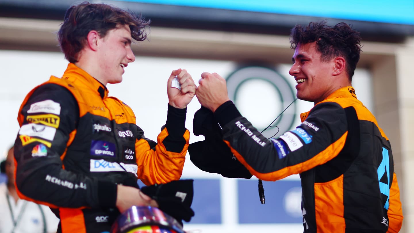 LUSAIL CITY, QATAR - OCTOBER 08: Second placed Oscar Piastri of Australia and McLaren and Third