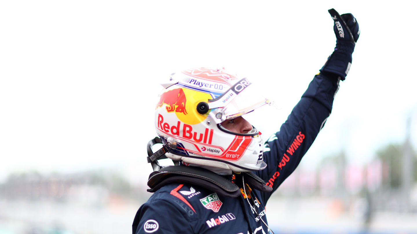 BARCELONA, SPAIN - JUNE 03: Pole position qualifier Max Verstappen of the Netherlands and Oracle Red Bull Racing celebrates in parc ferme during qualifying ahead of the F1 Grand Prix of Spain at Circuit de Barcelona-Catalunya on June 03, 2023 in Barcelona, Spain. (Photo by Dan Istitene - Formula 1/Formula 1 via Getty Images)