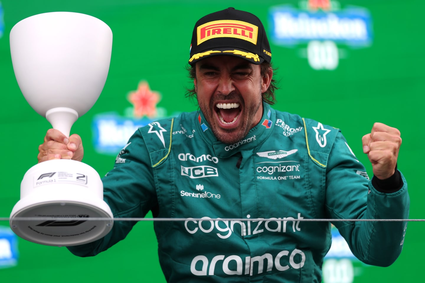ZANDVOORT, NETHERLANDS - AUGUST 27: Second placed Fernando Alonso of Spain and Aston Martin F1 Team