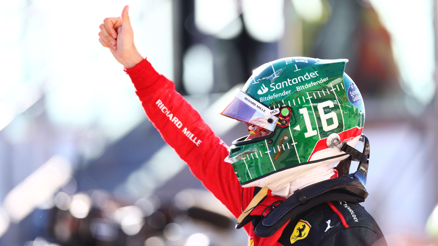 AUSTIN, TEXAS - OCTOBER 20: Pole position qualifier Charles Leclerc of Monaco and Ferrari celebrates in parc ferme during qualifying ahead of the F1 Grand Prix of United States at Circuit of The Americas on October 20, 2023 in Austin, Texas. (Photo by Dan Istitene - Formula 1/Formula 1 via Getty Images)