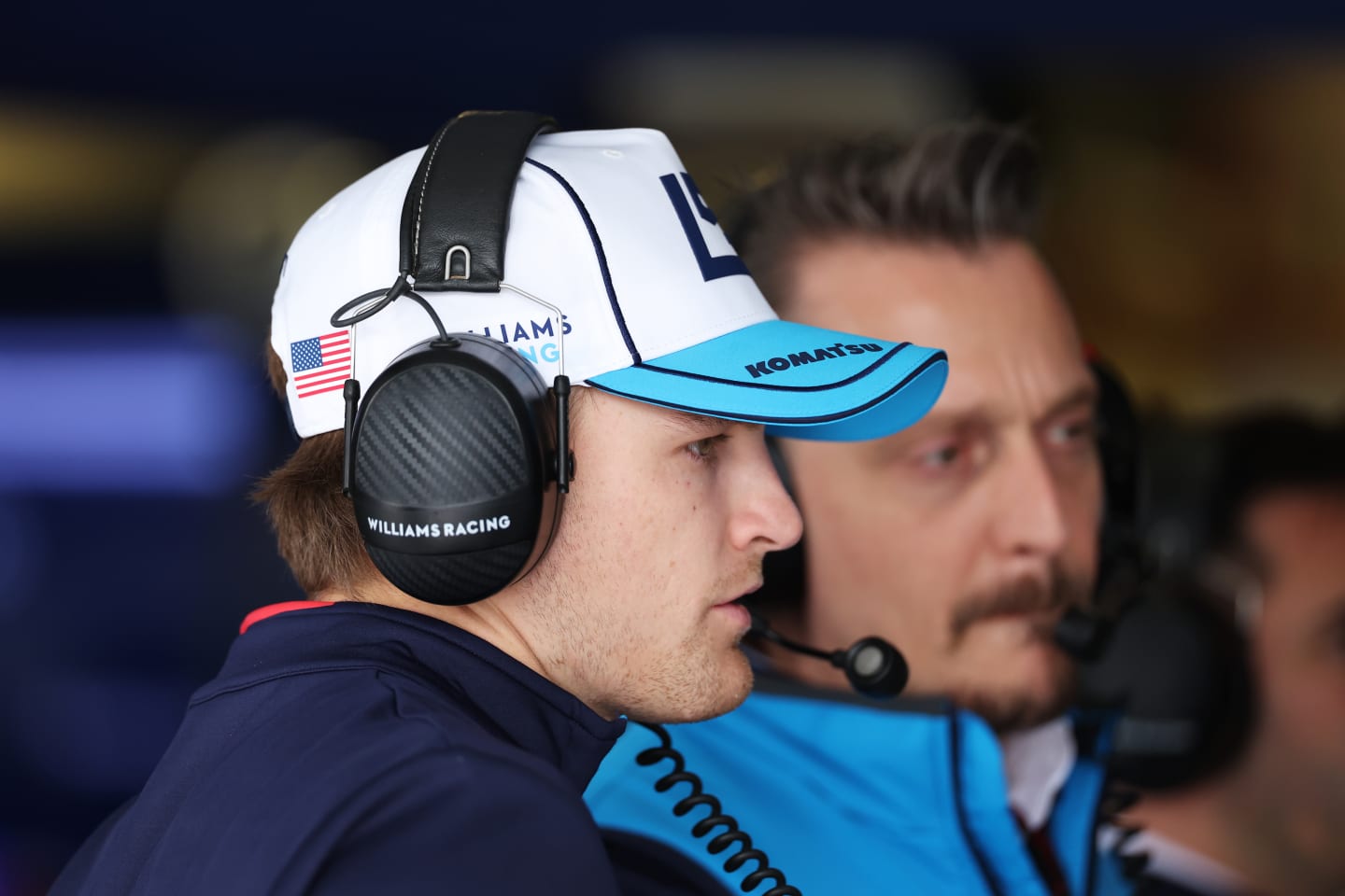 MELBOURNE, AUSTRALIA - MARCH 23: Logan Sargeant of United States and Williams looks on in the garage during final practice ahead of the F1 Grand Prix of Australia at Albert Park Circuit on March 23, 2024 in Melbourne, Australia. (Photo by Robert Cianflone/Getty Images)