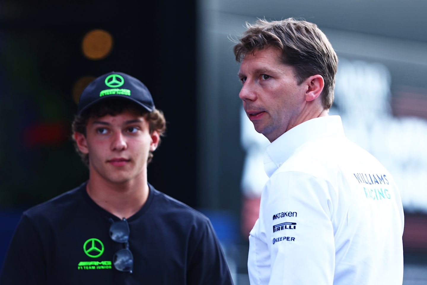 SPIELBERG, AUSTRIA - JUNE 27: James Vowles, Team Principal of Williams talks with Andrea Kimi Antonelli of Italy and Mercedes in the Paddock during previews ahead of the F1 Grand Prix of Austria at Red Bull Ring. (Photo by Clive Rose/Getty Images)