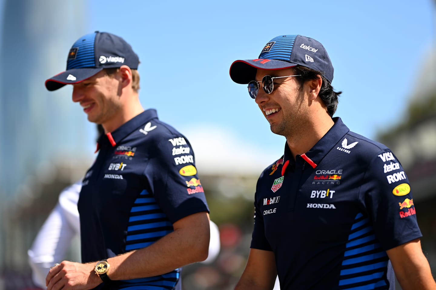 BAKU, AZERBAIJAN - SEPTEMBER 15: Max Verstappen of the Netherlands and Oracle Red Bull Racing and Sergio Perez of Mexico and Oracle Red Bull Racing look on from the drivers parade prior to the F1 Grand Prix of Azerbaijan. (Photo by Dan Mullan/Getty Images)