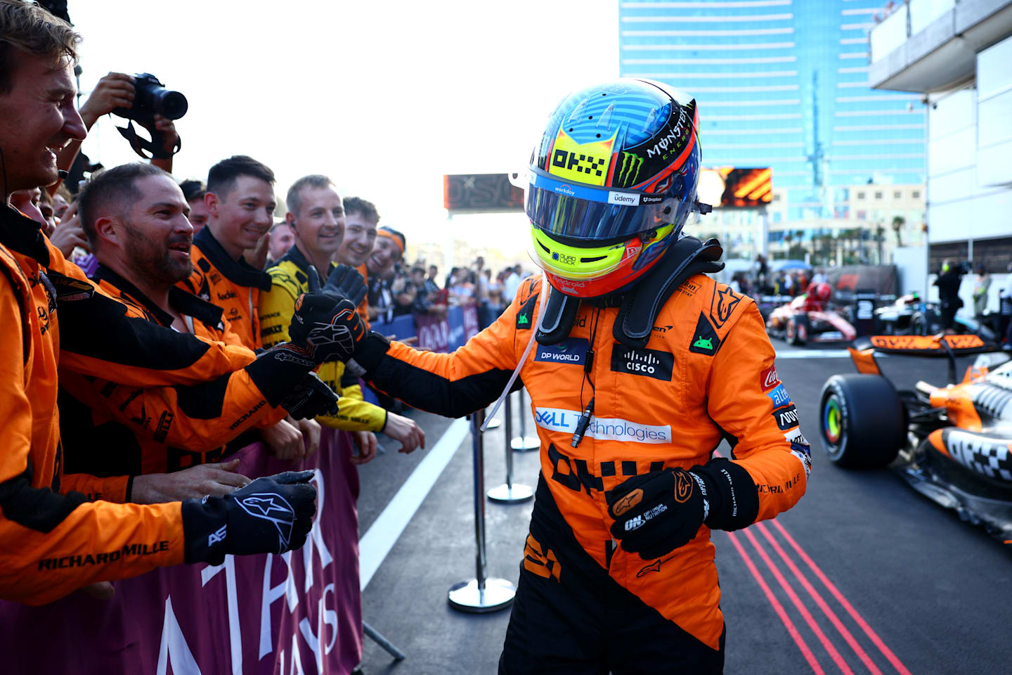 BAKU, AZERBAIJAN - SEPTEMBER 15: Race winner Oscar Piastri of Australia and McLaren celebrates in parc ferme during the F1 Grand Prix of Azerbaijan at Baku City Circuit on September 15, 2024 in Baku, Azerbaijan. (Photo by Clive Rose - Formula 1/Formula 1 via Getty Images)