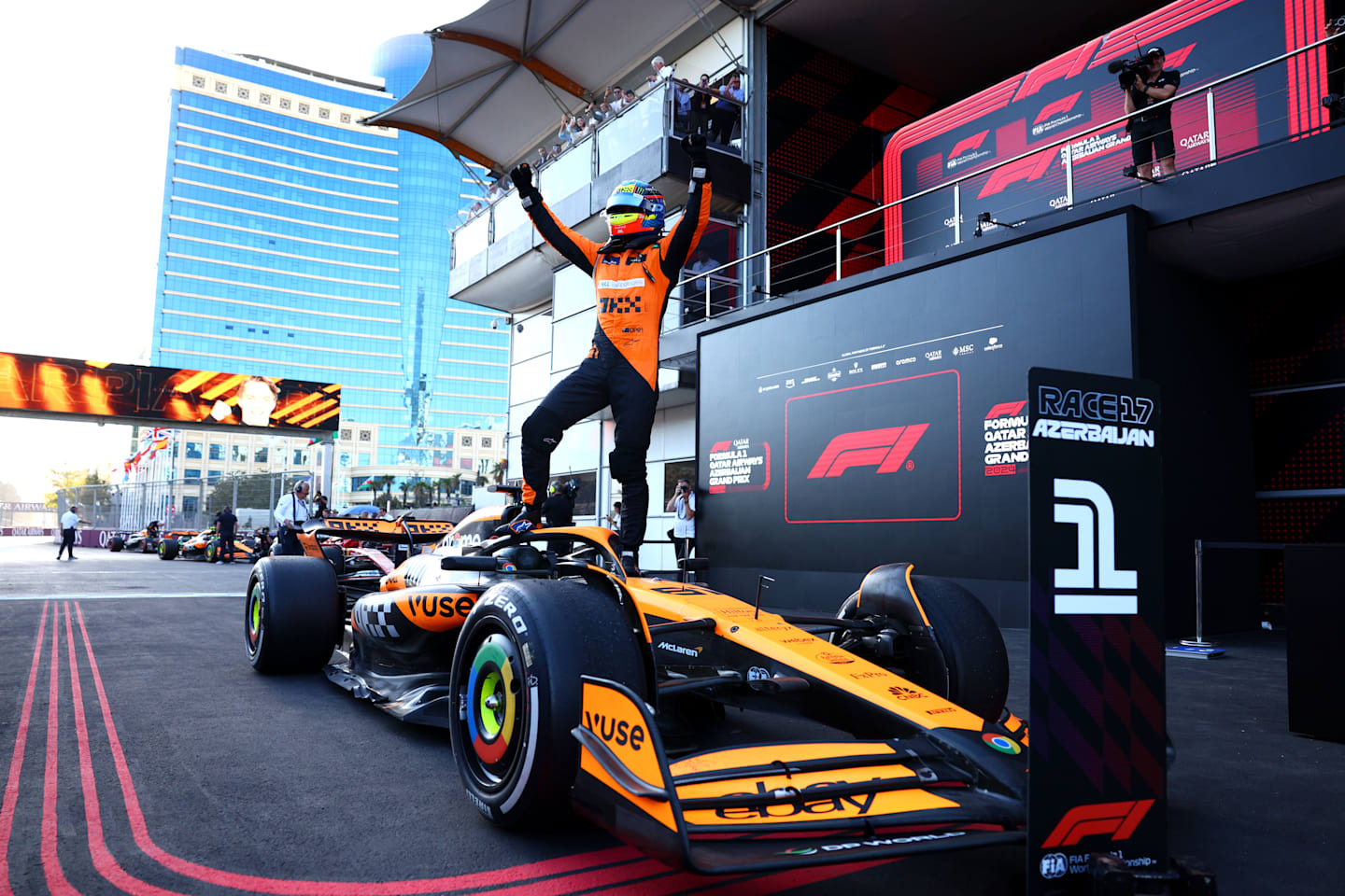 BAKU, AZERBAIJAN - SEPTEMBER 15: Race winner Oscar Piastri of Australia and McLaren celebrates in