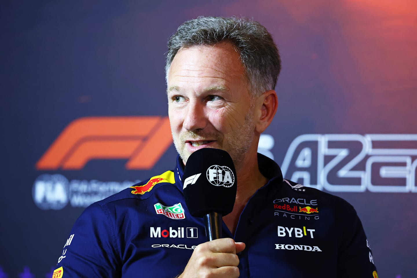 BAKU, AZERBAIJAN - SEPTEMBER 13: Oracle Red Bull Racing Team Principal Christian Horner attends the Team Principals Press Conference during practice ahead of the F1 Grand Prix of Azerbaijan at Baku City Circuit on September 13, 2024 in Baku, Azerbaijan. (Photo by Clive Rose/Getty Images)