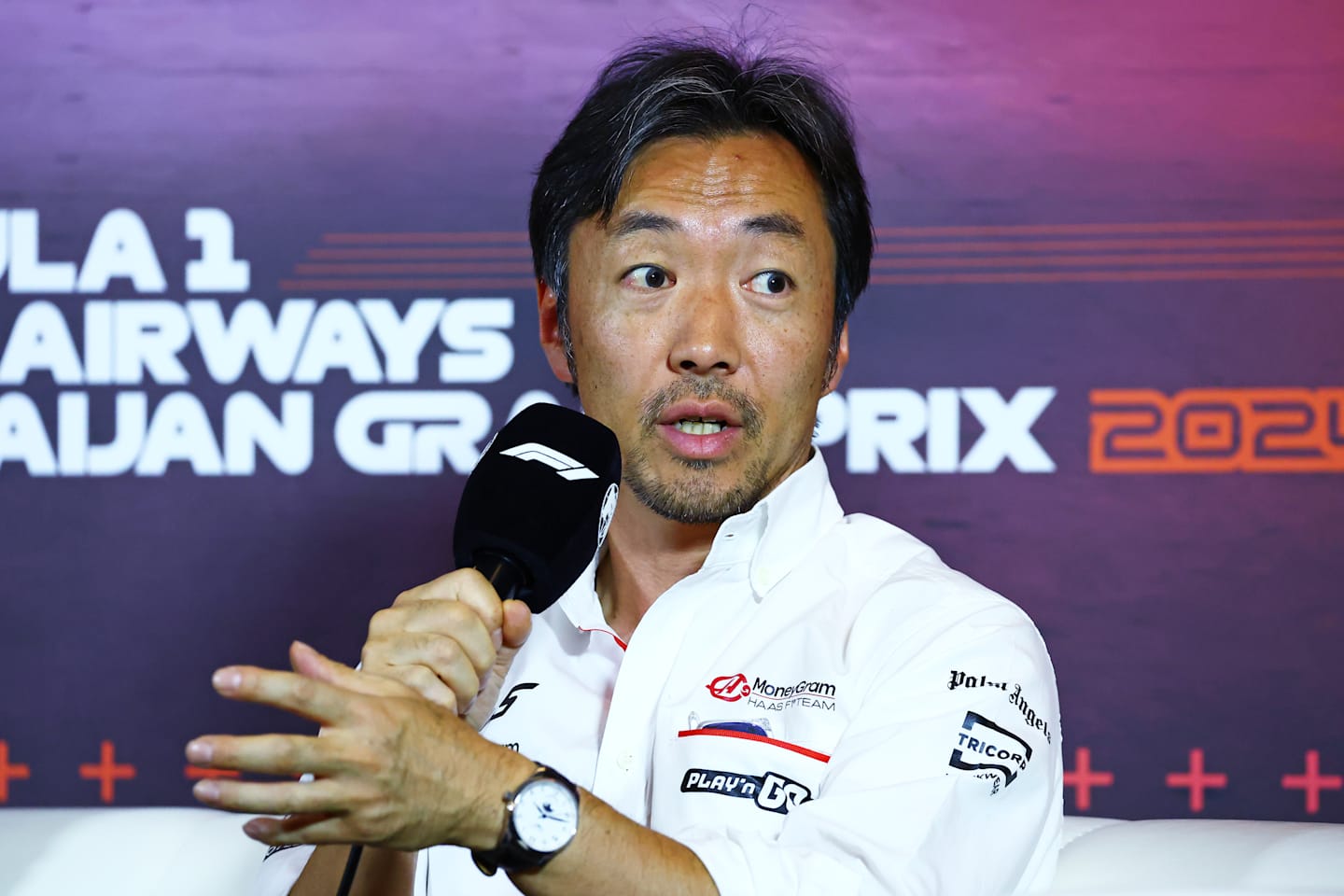 BAKU, AZERBAIJAN - SEPTEMBER 13: Haas F1 Team Principal Ayao Komatsu attends the Team Principals Press Conference during practice ahead of the F1 Grand Prix of Azerbaijan at Baku City Circuit on September 13, 2024 in Baku, Azerbaijan. (Photo by Clive Rose/Getty Images)