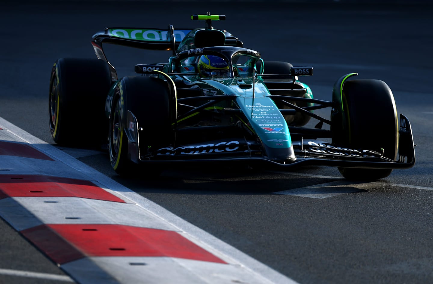 BAKU, AZERBAIJAN - SEPTEMBER 13: Fernando Alonso of Spain driving the (14) Aston Martin AMR24 Mercedes on track during practice ahead of the F1 Grand Prix of Azerbaijan at Baku City Circuit on September 13, 2024 in Baku, Azerbaijan. (Photo by Clive Rose - Formula 1/Formula 1 via Getty Images)