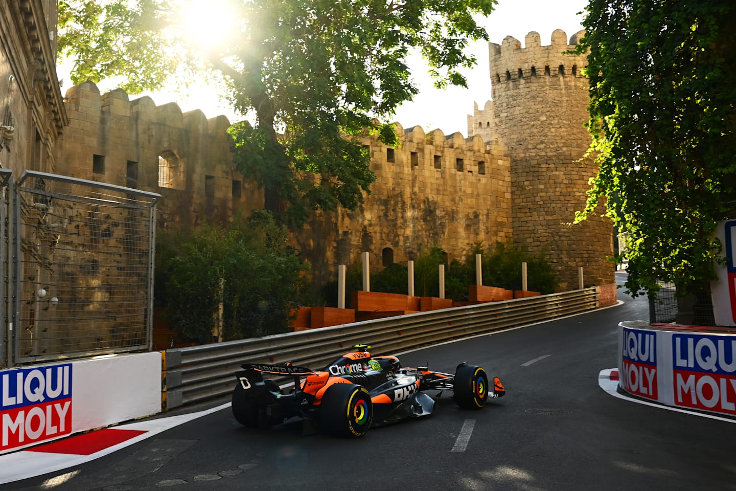 BAKU, AZERBAIJAN - SEPTEMBER 13: Lando Norris of Great Britain driving the (4) McLaren MCL38 Mercedes on track during practice ahead of the F1 Grand Prix of Azerbaijan at Baku City Circuit on September 13, 2024. (Photo by Clive Mason/Getty Images)