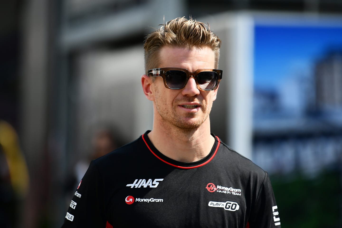 BAKU, AZERBAIJAN - SEPTEMBER 12: Nico Hulkenberg of Germany and Haas F1 looks on in the Paddock during previews ahead of the F1 Grand Prix of Azerbaijan at Baku City Circuit on September 12, 2024 in Baku, Azerbaijan. (Photo by James Sutton/Getty Images)