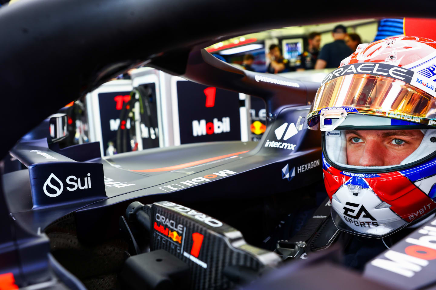 BAHRAIN, BAHRAIN - FEBRUARY 29: Max Verstappen of the Netherlands and Oracle Red Bull Racing prepares to drive in the garage during practice ahead of the F1 Grand Prix of Bahrain at Bahrain International Circuit on February 29, 2024 in Bahrain, Bahrain. (Photo by Mark Thompson/Getty Images)