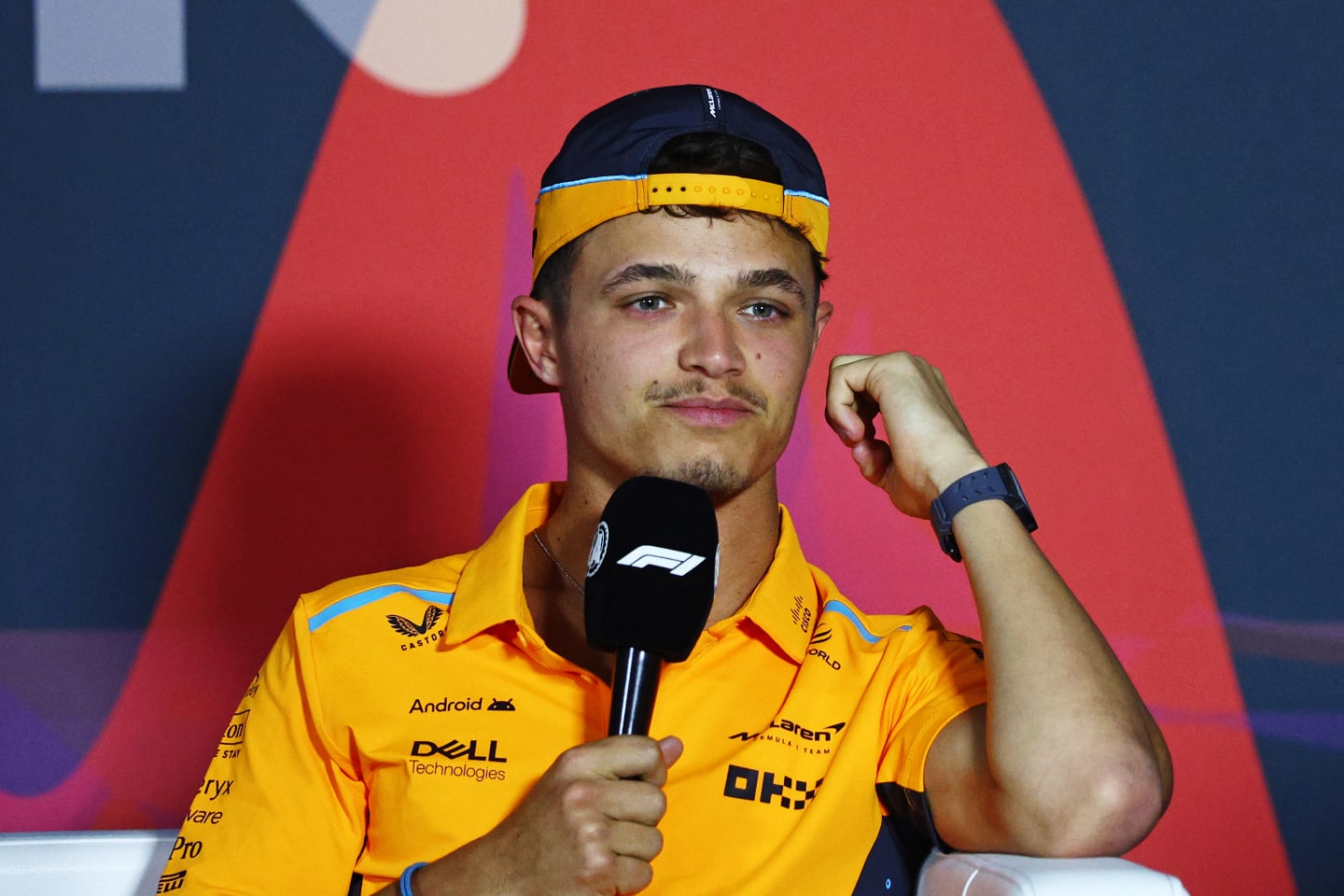 BAHRAIN, BAHRAIN - FEBRUARY 28: Lando Norris of Great Britain and McLaren attends the Drivers Press Conference during previews ahead of the F1 Grand Prix of Bahrain at Bahrain International Circuit on February 28, 2024 in Bahrain, Bahrain. (Photo by Clive Rose/Getty Images)