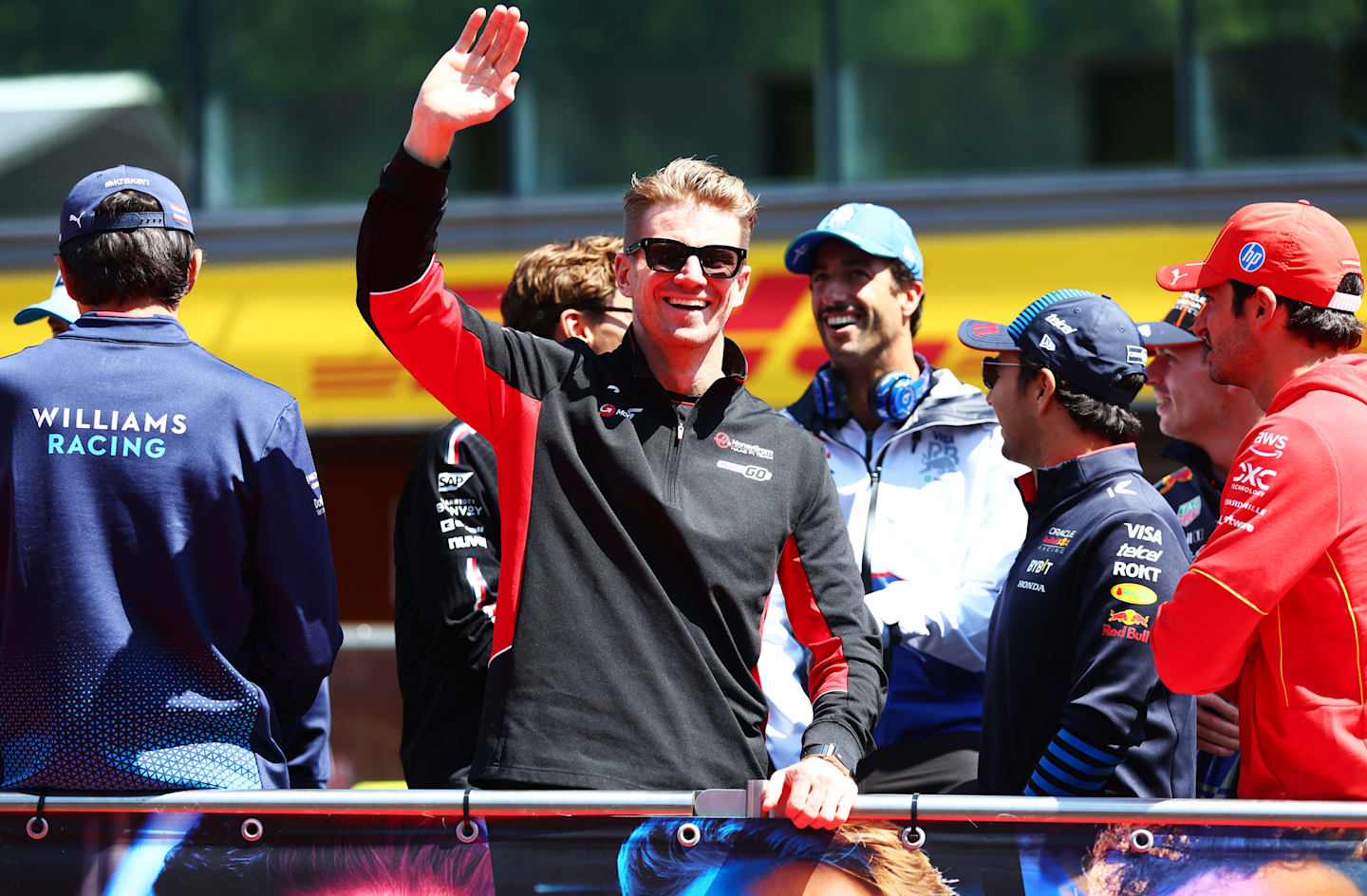 SPA, BELGIUM - JULY 28: Nico Hulkenberg of Germany and Haas F1 waves from the drivers parade prior to the F1 Grand Prix of Belgium at Circuit de Spa-Francorchamps on July 28, 2024 in Spa, Belgium. (Photo by Joe Portlock - Formula 1/Formula 1 via Getty Images)