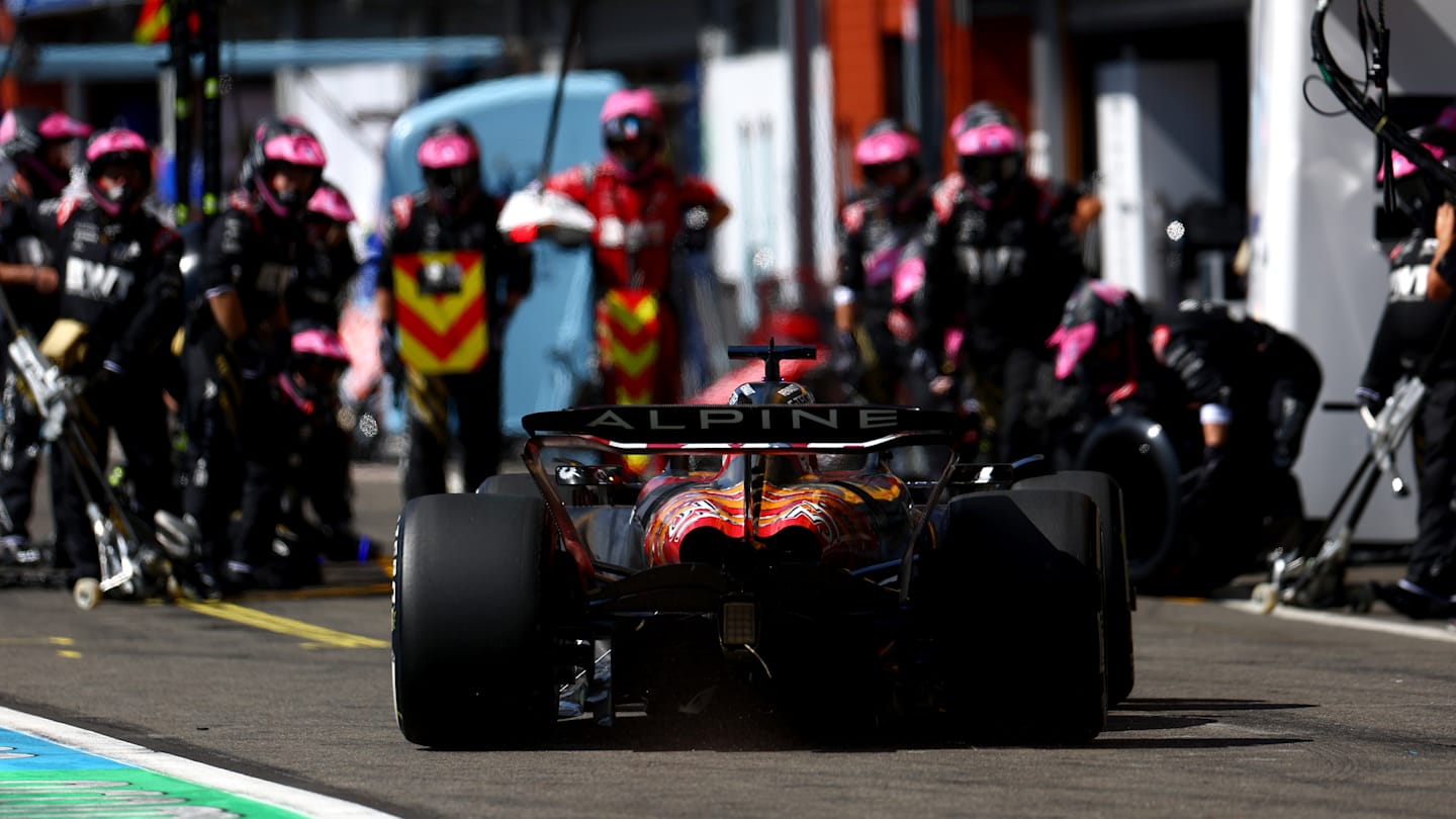 SPA, BELGIUM - JULY 28: Esteban Ocon of France driving the (31) Alpine F1 A524 Renault makes a pitstop during the F1 Grand Prix of Belgium at Circuit de Spa-Francorchamps on July 28, 2024 in Spa, Belgium. (Photo by Bryn Lennon - Formula 1/Formula 1 via Getty Images)