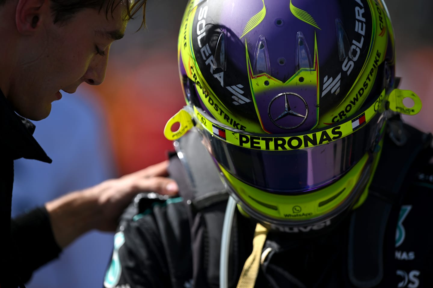 SPA, BELGIUM - JULY 28: Second placed Lewis Hamilton of Great Britain and Mercedes talks with Race winner George Russell of Great Britain and Mercedes in parc ferme during the F1 Grand Prix of Belgium at Circuit de Spa-Francorchamps on July 28, 2024 in Spa, Belgium. (Photo by Rudy Carezzevoli/Getty Images)