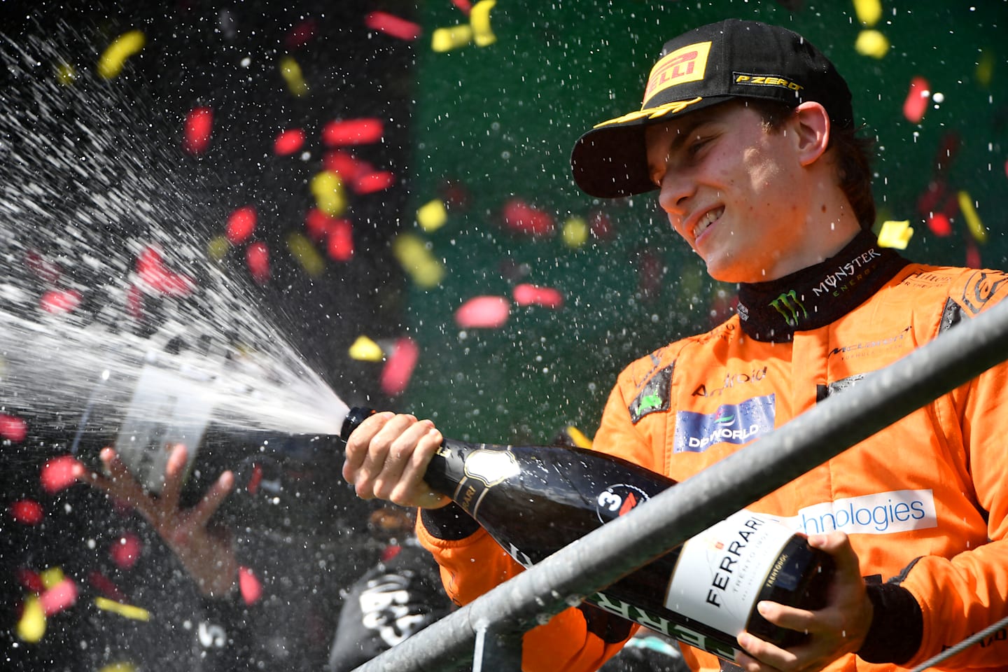 SPA, BELGIUM - JULY 28: Third placed Oscar Piastri of Australia and McLaren celebrates on the podium during the F1 Grand Prix of Belgium at Circuit de Spa-Francorchamps on July 28, 2024 in Spa, Belgium. (Photo by James Sutton - Formula 1/Formula 1 via Getty Images)