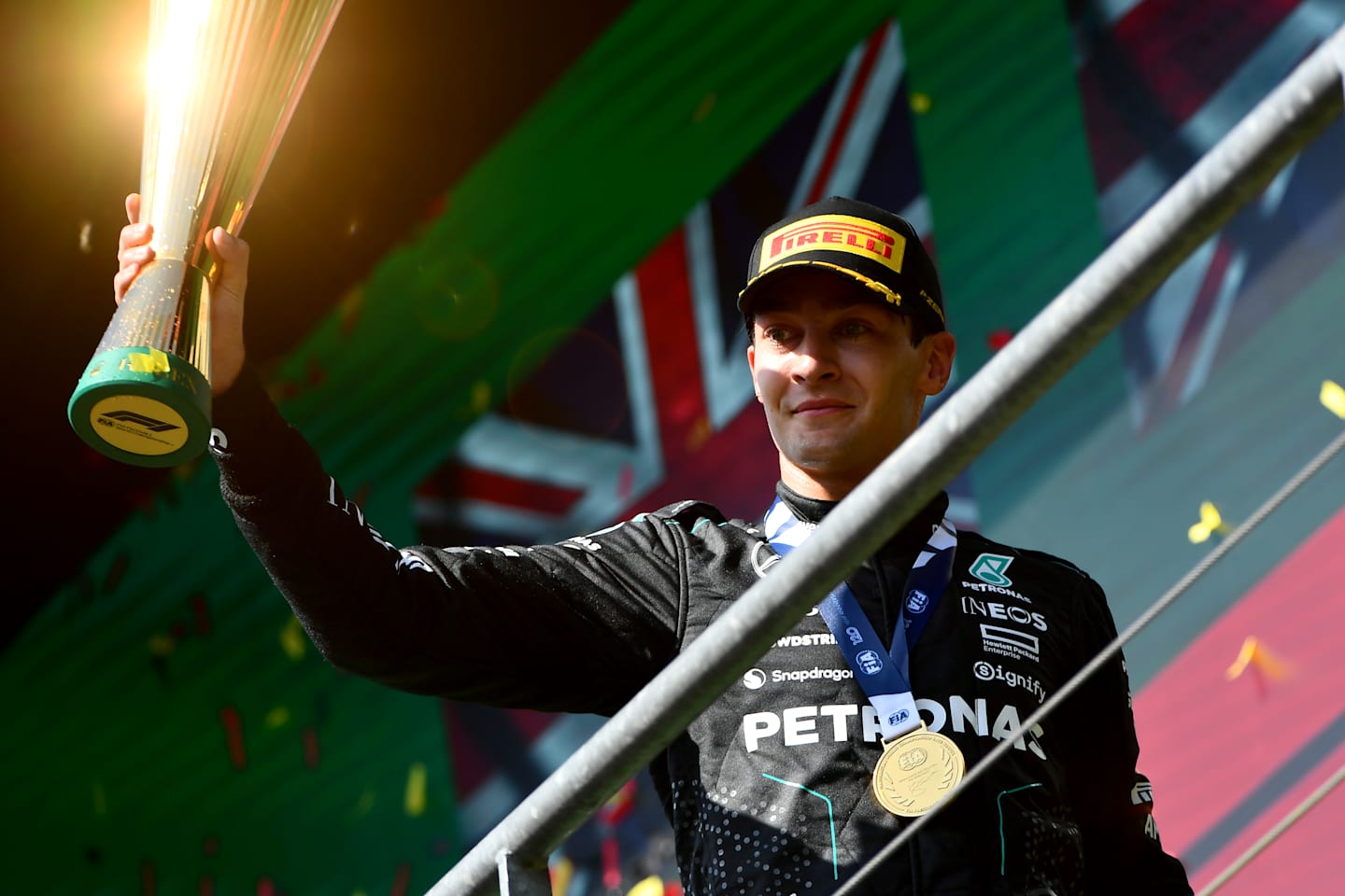 SPA, BELGIUM - JULY 28: Race winner George Russell of Great Britain and Mercedes celebrates on the podium during the F1 Grand Prix of Belgium at Circuit de Spa-Francorchamps on July 28, 2024 in Spa, Belgium. (Photo by James Sutton - Formula 1/Formula 1 via Getty Images)