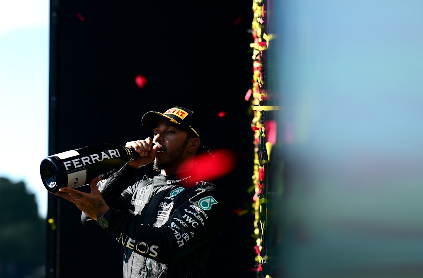 SPA, BELGIUM - JULY 28: Second placed Lewis Hamilton of Great Britain and Mercedes celebrates on the podium during the F1 Grand Prix of Belgium at Circuit de Spa-Francorchamps on July 28, 2024 in Spa, Belgium. (Photo by Mario Renzi - Formula 1/Formula 1 via Getty Images)