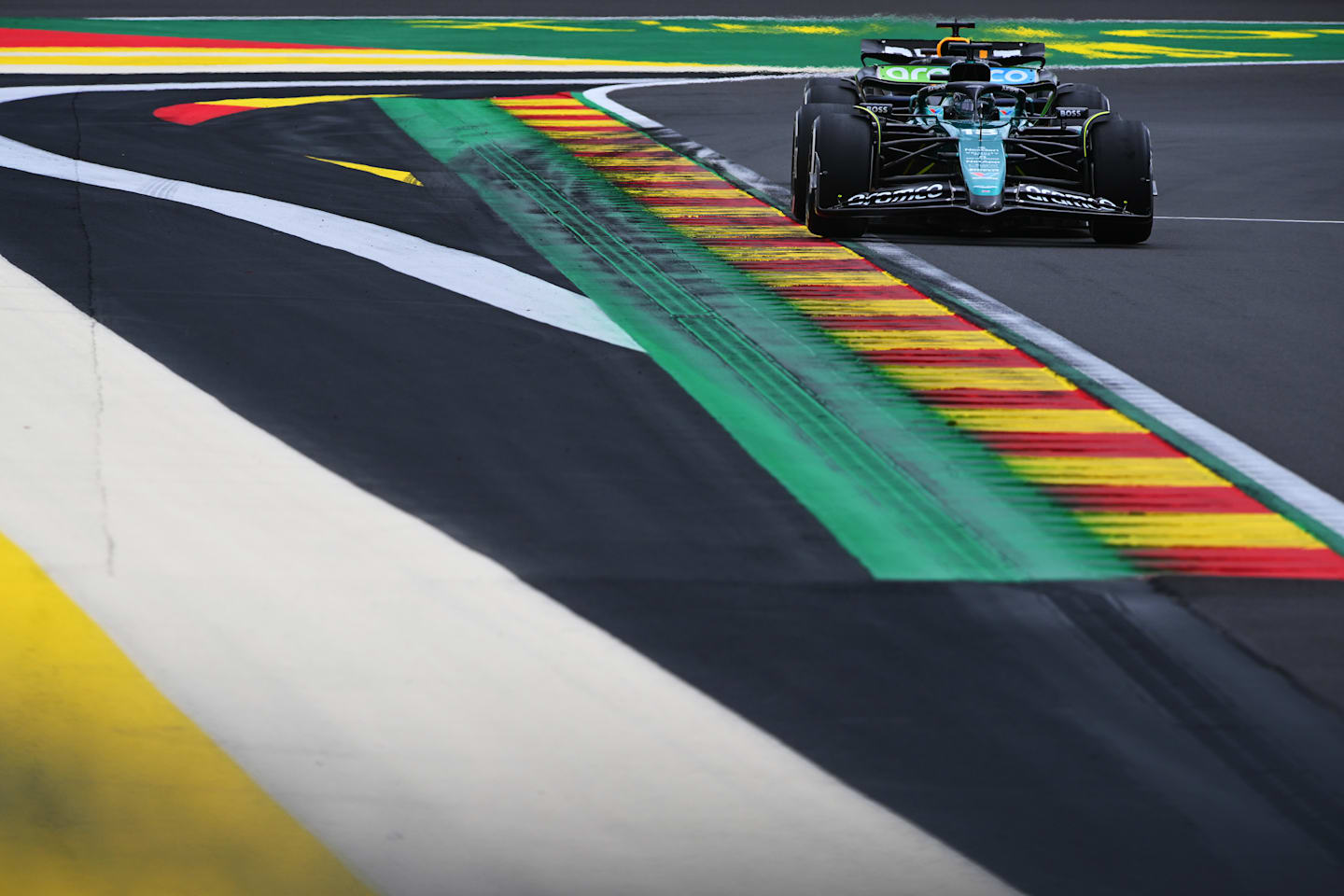 SPA, BELGIUM - JULY 26: Lance Stroll of Canada driving the (18) Aston Martin AMR24 Mercedes on track during practice ahead of the F1 Grand Prix of Belgium at Circuit de Spa-Francorchamps on July 26, 2024 in Spa, Belgium. (Photo by Rudy Carezzevoli/Getty Images)