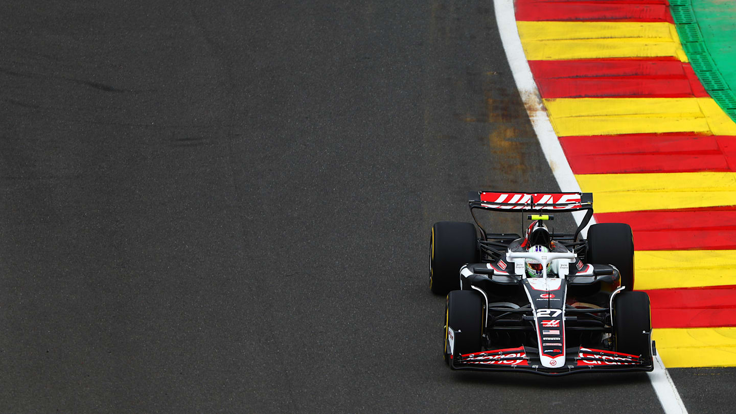 SPA, BELGIUM - JULY 26: Nico Hulkenberg of Germany driving the (27) Haas F1 VF-24 Ferrari on track  during practice ahead of the F1 Grand Prix of Belgium at Circuit de Spa-Francorchamps on July 26, 2024 in Spa, Belgium. (Photo by Bryn Lennon - Formula 1/Formula 1 via Getty Images)