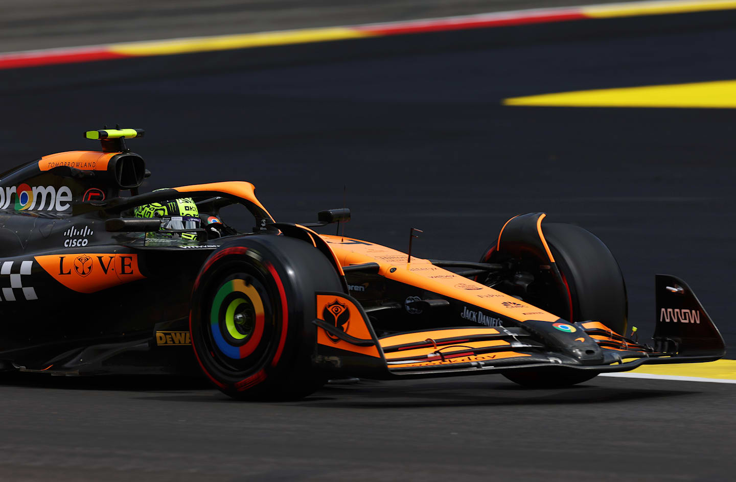 SPA, BELGIUM - JULY 26: Lando Norris of Great Britain driving the (4) McLaren MCL38 Mercedes on track during practice ahead of the F1 Grand Prix of Belgium at Circuit de Spa-Francorchamps on July 26, 2024 in Spa, Belgium. (Photo by Dean Mouhtaropoulos/Getty Images)