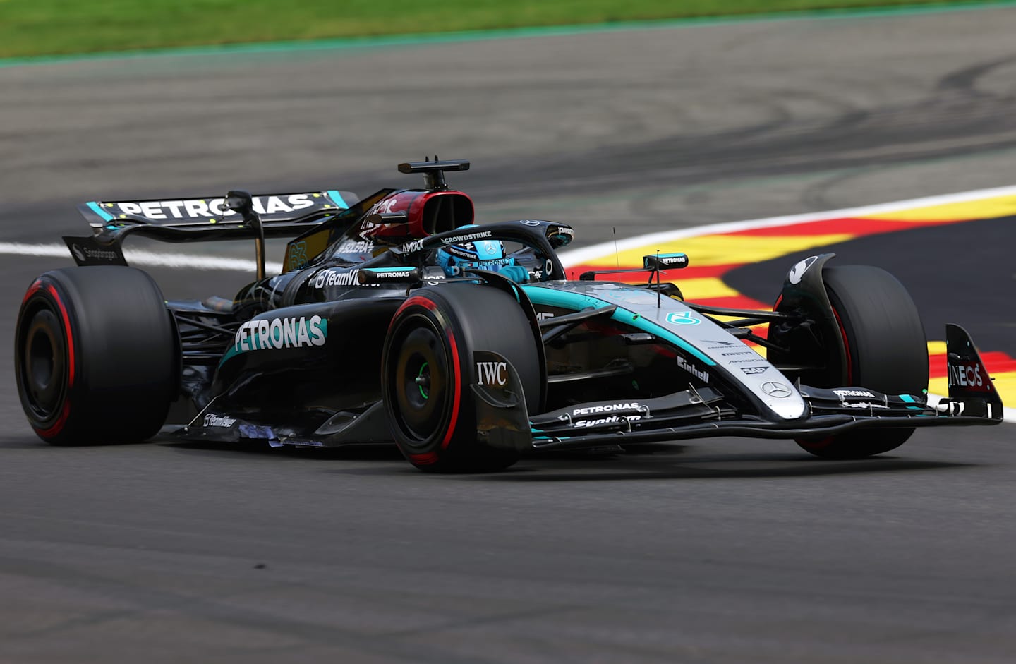 SPA, BELGIUM - JULY 26: George Russell of Great Britain driving the (63) Mercedes AMG Petronas F1 Team W15 on track during practice ahead of the F1 Grand Prix of Belgium at Circuit de Spa-Francorchamps on July 26, 2024 in Spa, Belgium. (Photo by Dean Mouhtaropoulos/Getty Images)