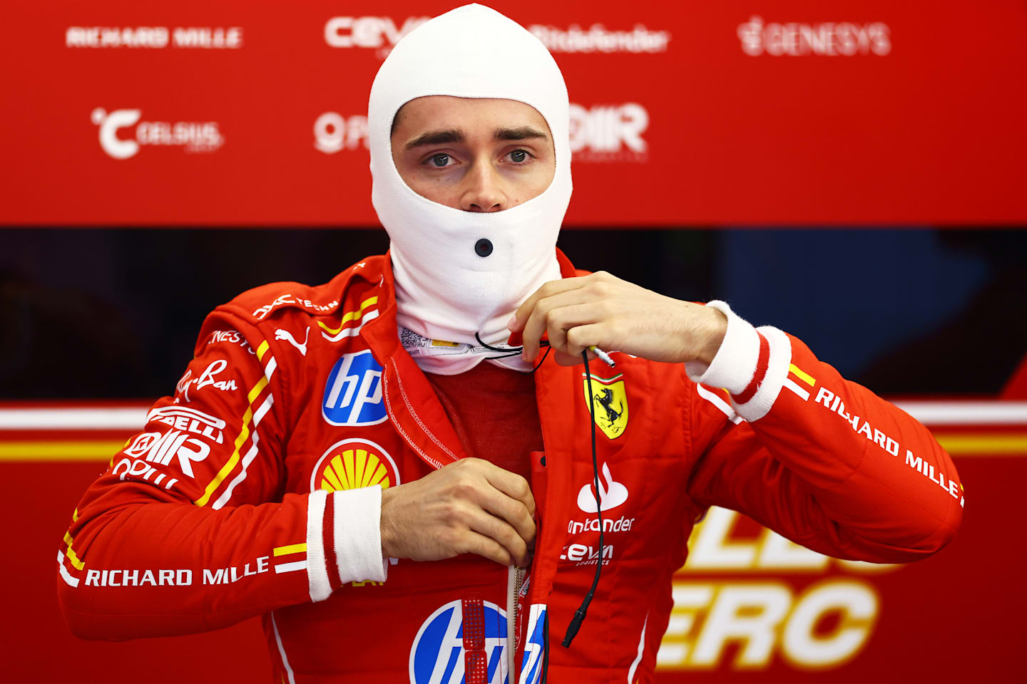 SPA, BELGIUM - JULY 26: Charles Leclerc of Monaco and Ferrari prepares to drive in the garage during practice ahead of the F1 Grand Prix of Belgium at Circuit de Spa-Francorchamps on July 26, 2024 in Spa, Belgium. (Photo by Mark Thompson/Getty Images)