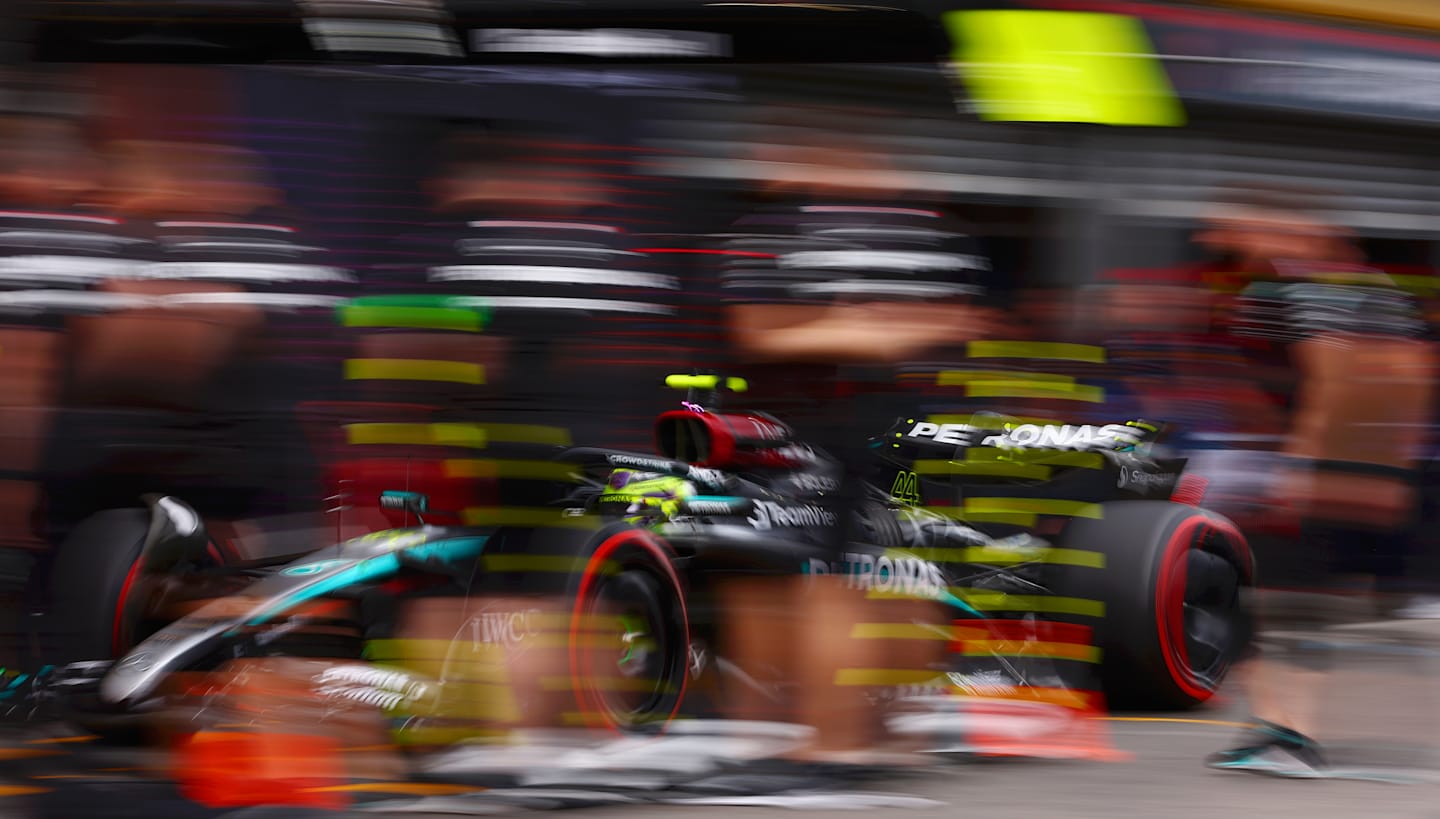 SPA, BELGIUM - JULY 26: Lewis Hamilton of Great Britain driving the (44) Mercedes AMG Petronas F1 Team W15 stops in the Pitlane during practice ahead of the F1 Grand Prix of Belgium at Circuit de Spa-Francorchamps on July 26, 2024 in Spa, Belgium. (Photo by Bryn Lennon - Formula 1/Formula 1 via Getty Images)