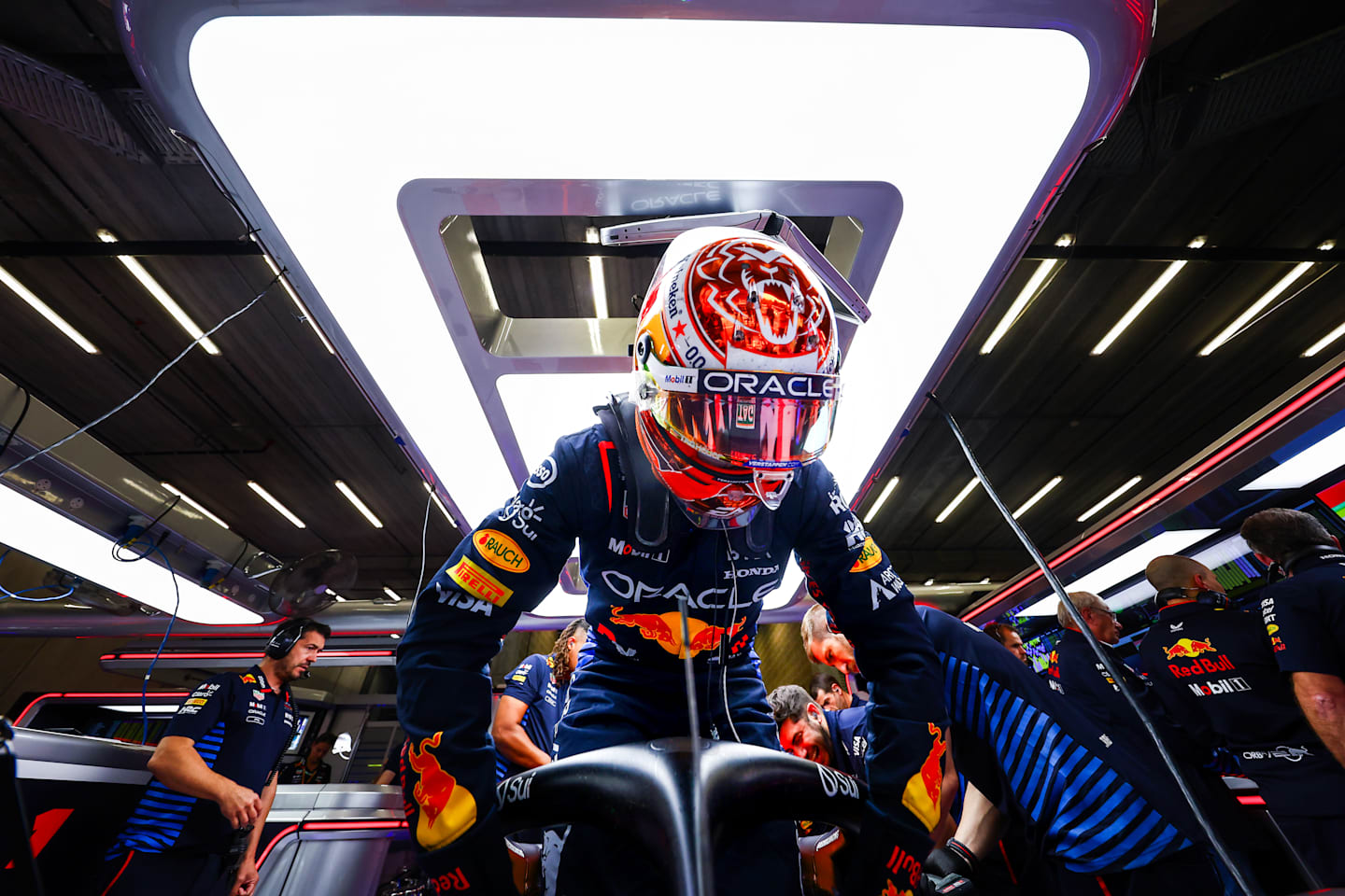 SPA, BELGIUM - JULY 26: Max Verstappen of the Netherlands and Oracle Red Bull Racing climbs from his car in the garage during practice ahead of the F1 Grand Prix of Belgium at Circuit de Spa-Francorchamps on July 26, 2024 in Spa, Belgium. (Photo by Mark Thompson/Getty Images)