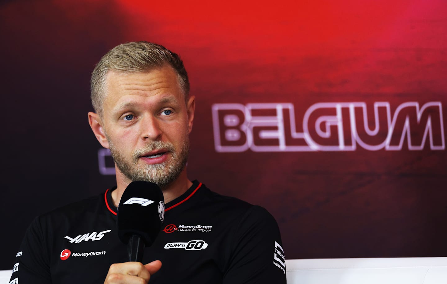 SPA, BELGIUM - JULY 25: Kevin Magnussen of Denmark and Haas F1 attends the Drivers Press Conference during previews ahead of the F1 Grand Prix of Belgium at Circuit de Spa-Francorchamps on July 25, 2024 in Spa, Belgium. (Photo by Dean Mouhtaropoulos/Getty Images)