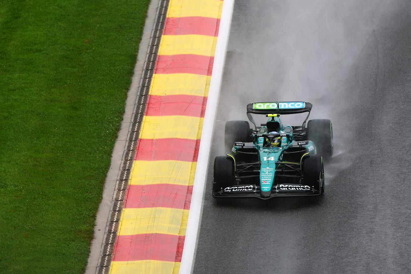 SPA, BELGIUM - JULY 27:  Fernando Alonso of Spain driving the (14) Aston Martin AMR24 Mercedes on track during final practice ahead of the F1 Grand Prix of Belgium at Circuit de Spa-Francorchamps on July 27, 2024 in Spa, Belgium. (Photo by Dean Mouhtaropoulos/Getty Images)