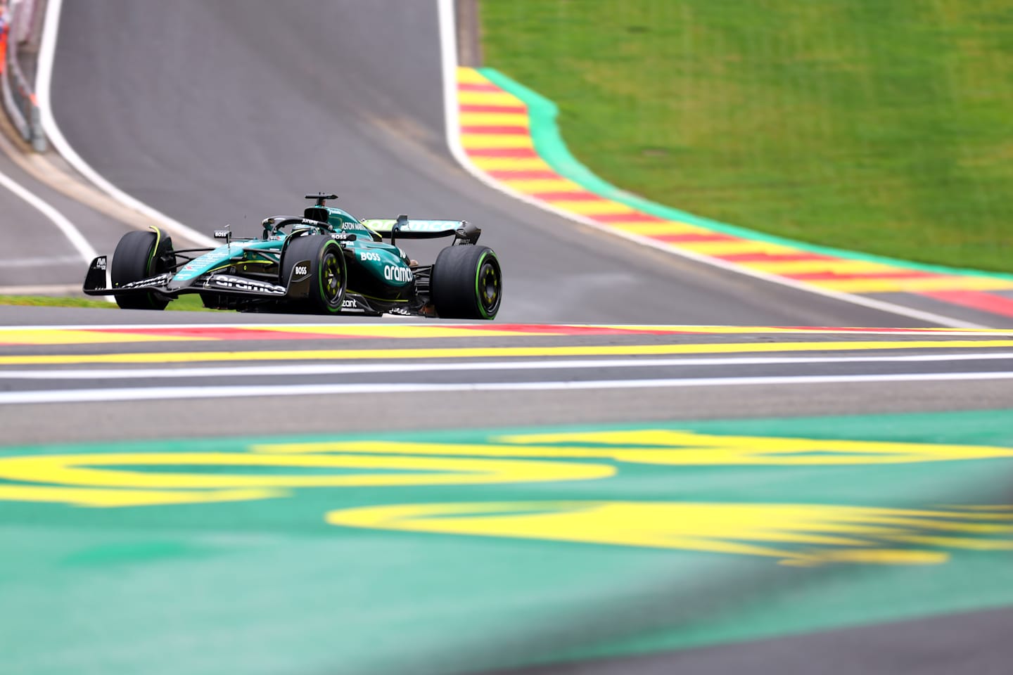 SPA, BELGIUM - JULY 27: Lance Stroll of Canada driving the (18) Aston Martin AMR24 Mercedes on track during qualifying ahead of the F1 Grand Prix of Belgium at Circuit de Spa-Francorchamps on July 27, 2024 in Spa, Belgium. (Photo by Dean Mouhtaropoulos/Getty Images)