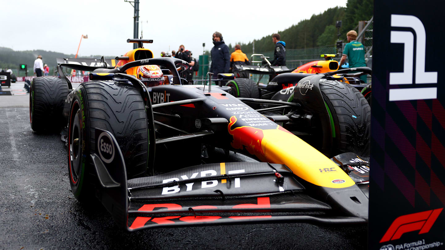 SPA, BELGIUM - JULY 27: Pole position qualifier Max Verstappen of the Netherlands and Oracle Red Bull Racing stops in parc ferme during qualifying ahead of the F1 Grand Prix of Belgium at Circuit de Spa-Francorchamps on July 27, 2024 in Spa, Belgium. (Photo by Bryn Lennon - Formula 1/Formula 1 via Getty Images)