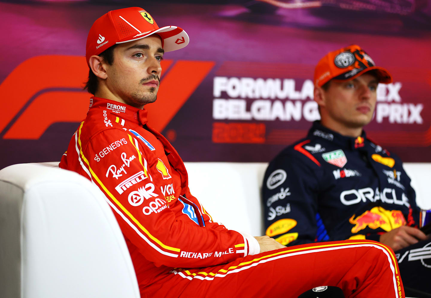 SPA, BELGIUM - JULY 27: Second placed Charles Leclerc of Monaco and Ferrari attends the press conference after qualifying ahead of the F1 Grand Prix of Belgium at Circuit de Spa-Francorchamps on July 27, 2024 in Spa, Belgium. (Photo by Bryn Lennon/Getty Images)