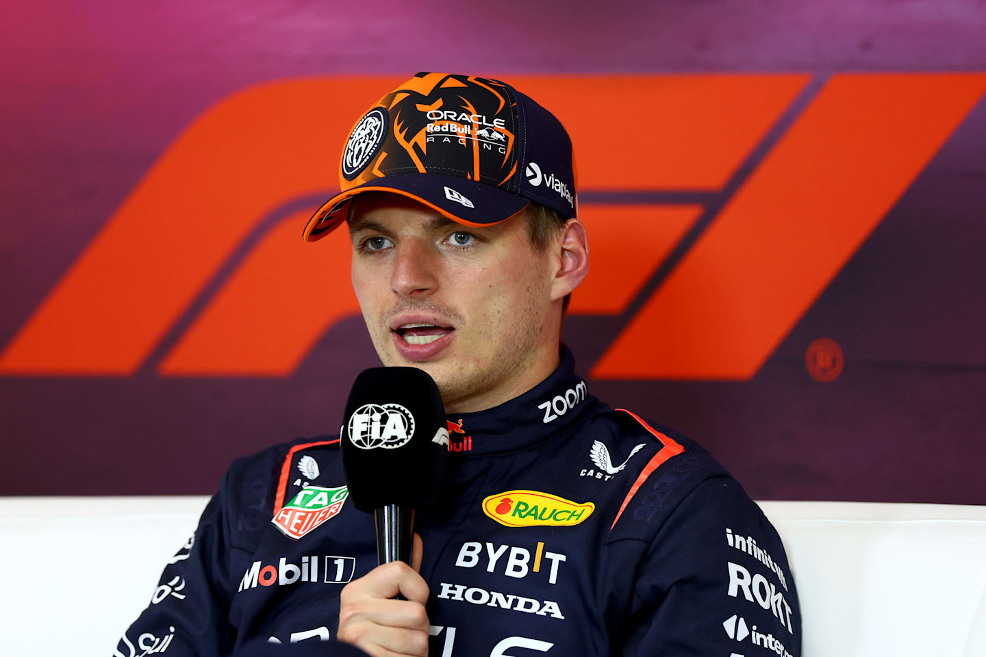 SPA, BELGIUM - JULY 27: Pole position qualifier Max Verstappen of the Netherlands and Oracle Red Bull Racing attends the press conference after qualifying ahead of the F1 Grand Prix of Belgium at Circuit de Spa-Francorchamps on July 27, 2024 in Spa, Belgium. (Photo by Bryn Lennon/Getty Images)