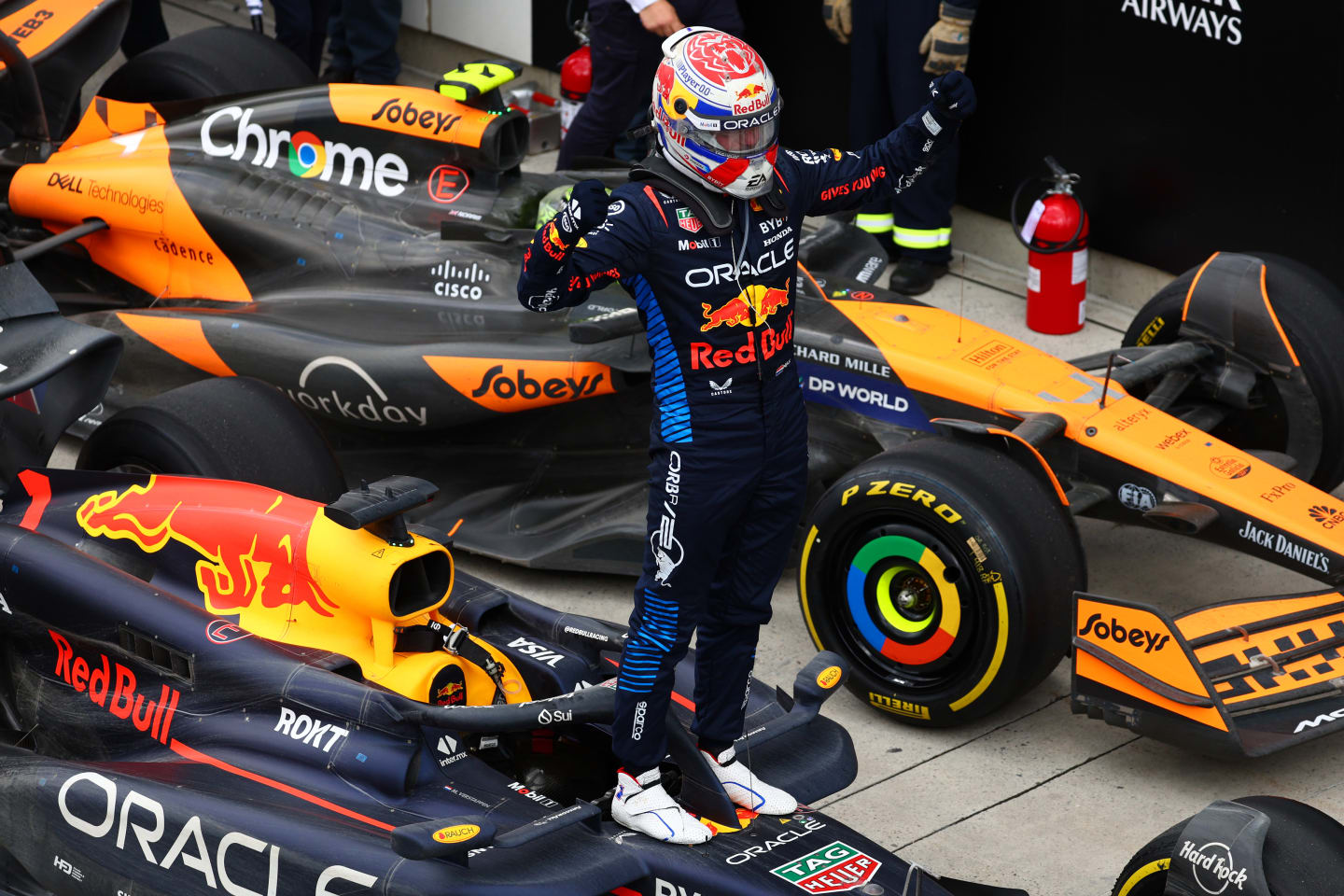 MONTREAL, QUEBEC - JUNE 09: Race winner Max Verstappen of the Netherlands and Oracle Red Bull Racing celebrates in parc ferme during the F1 Grand Prix of Canada at Circuit Gilles Villeneuve on June 09, 2024 in Montreal, Quebec. (Photo by Clive Rose/Getty Images)