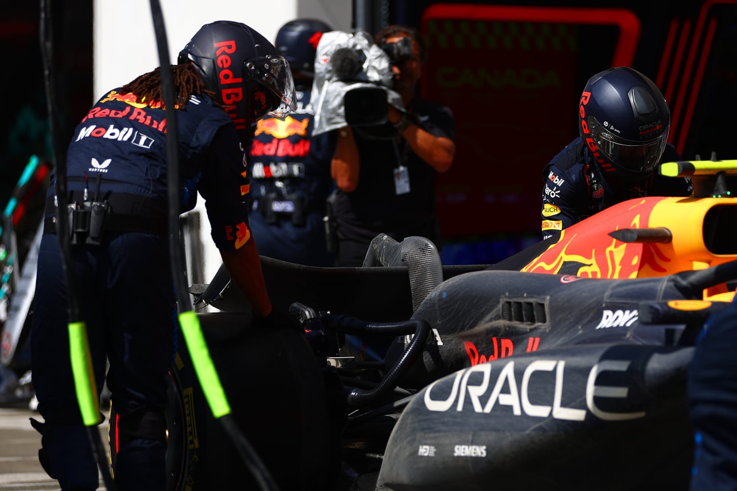 MONTREAL, QUEBEC - JUNE 09: The broken rear wing of Sergio Perez of Mexico and Oracle Red Bull Racing in the Pitlane during the F1 Grand Prix of Canada at Circuit Gilles Villeneuve on June 09, 2024 in Montreal, Quebec. (Photo by Bryn Lennon - Formula 1/Formula 1 via Getty Images)