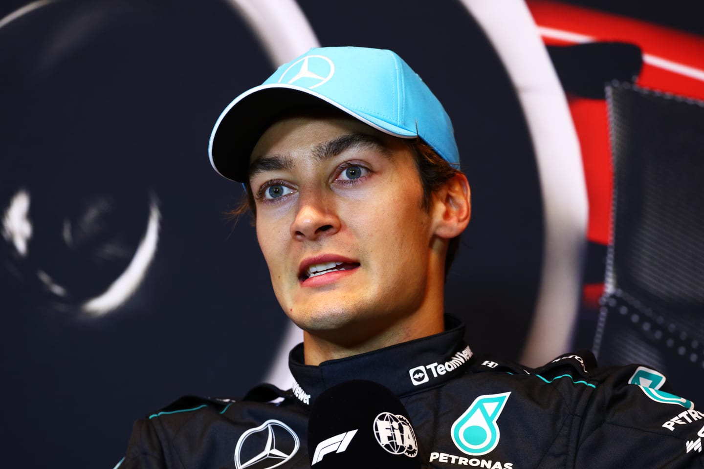 MONTREAL, QUEBEC - JUNE 09: Third placed George Russell of Great Britain and Mercedes attends the press conference after the F1 Grand Prix of Canada at Circuit Gilles Villeneuve on June 09, 2024 in Montreal, Quebec. (Photo by Clive Rose/Getty Images)