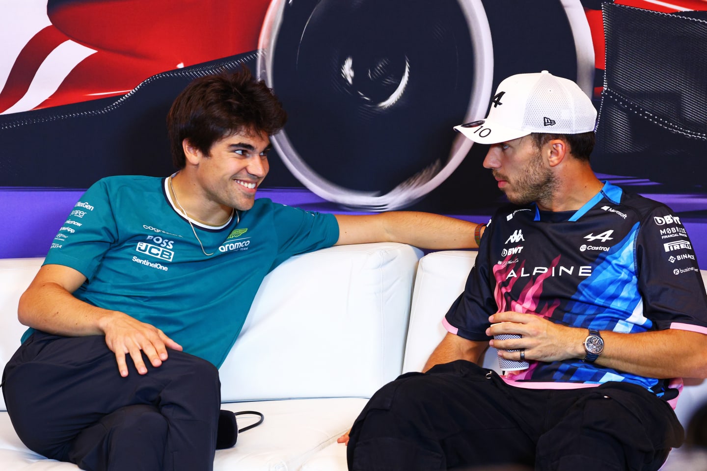 MONTREAL, QUEBEC - JUNE 06: Lance Stroll of Canada and Aston Martin F1 Team and Pierre Gasly of France and Alpine F1 attends the press conference during previews ahead of the F1 Grand Prix of Canada at Circuit Gilles Villeneuve on June 06, 2024 in Montreal, Quebec. (Photo by Clive Rose/Getty Images)