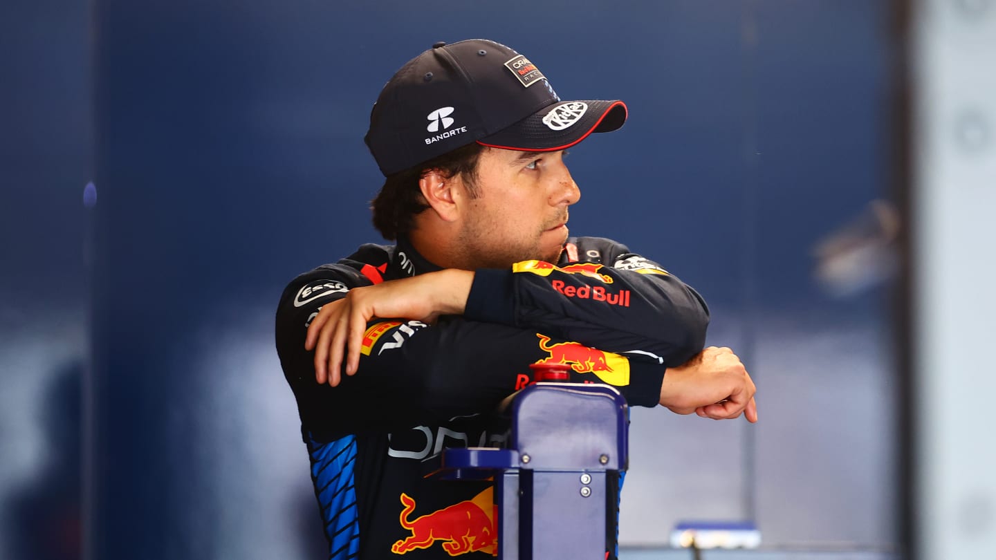 MONTREAL, QUEBEC - JUNE 08: 16th placed qualifier Sergio Perez of Mexico and Oracle Red Bull Racing looks on during qualifying ahead of the F1 Grand Prix of Canada at Circuit Gilles Villeneuve on June 08, 2024 in Montreal, Quebec. (Photo by Bryn Lennon - Formula 1/Formula 1 via Getty Images)