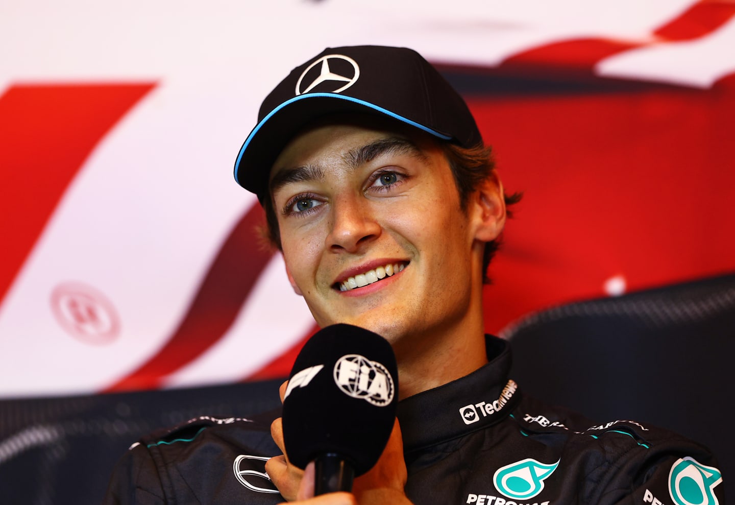 MONTREAL, QUEBEC - JUNE 08: Pole position qualifier George Russell of Great Britain and Mercedes attends the press conference after qualifying ahead of the F1 Grand Prix of Canada at Circuit Gilles Villeneuve on June 08, 2024 in Montreal, Quebec. (Photo by Clive Rose/Getty Images)