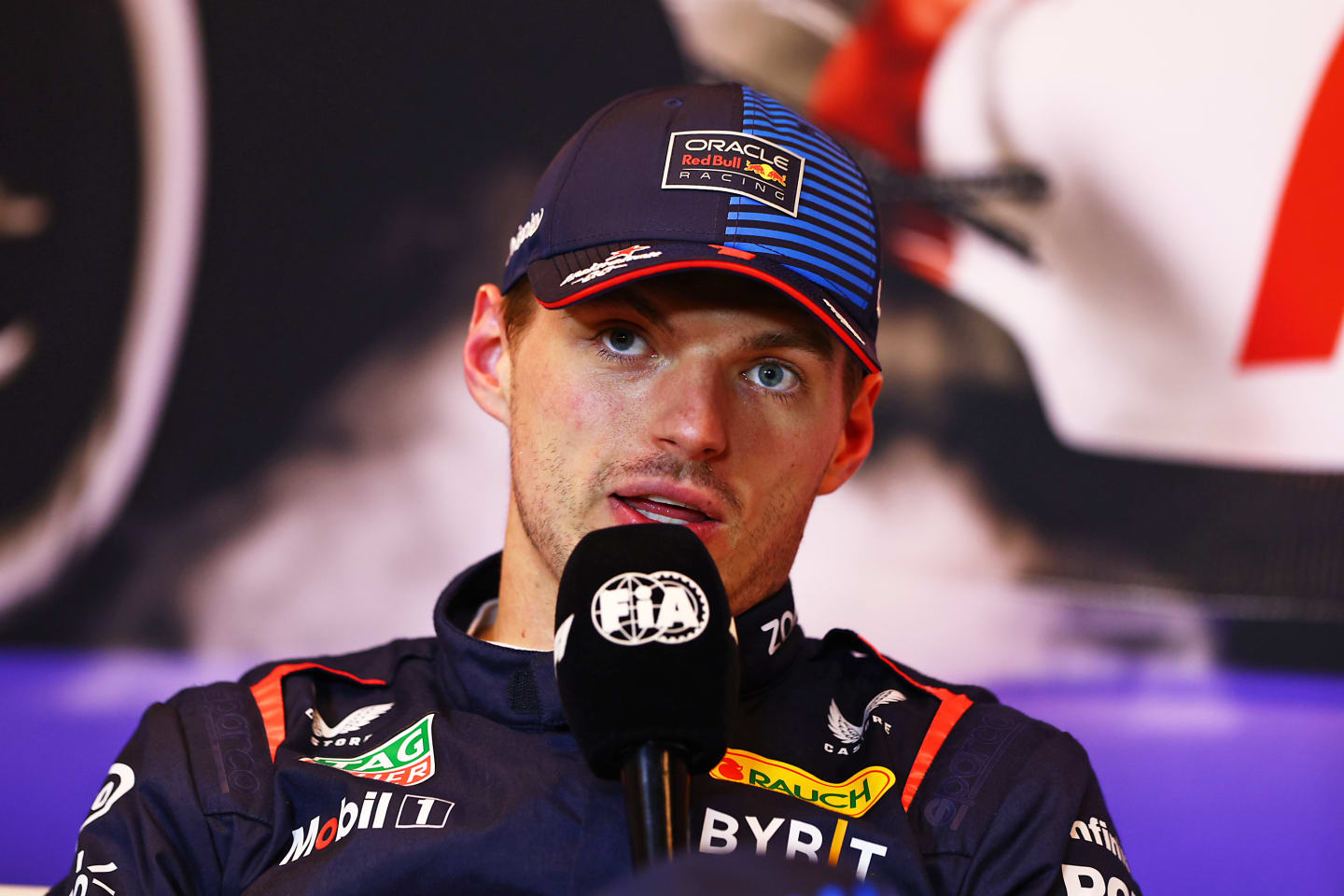 MONTREAL, QUEBEC - JUNE 08: Second placed qualifier Max Verstappen of the Netherlands and Oracle Red Bull Racing attends the press conference after qualifying ahead of the F1 Grand Prix of Canada at Circuit Gilles Villeneuve on June 08, 2024 in Montreal, Quebec. (Photo by Clive Rose/Getty Images)