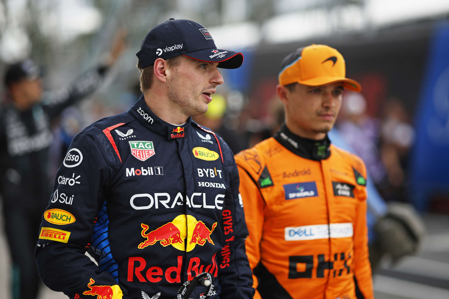 MONTREAL, QUEBEC - JUNE 08: Second placed qualifier Max Verstappen of the Netherlands and Oracle Red Bull Racing and Third placed qualifier Lando Norris of Great Britain and McLaren in parc ferme after qualifying ahead of the F1 Grand Prix of Canada at Circuit Gilles Villeneuve on June 08, 2024 in Montreal, Quebec. (Photo by Chris Graythen/Getty Images)