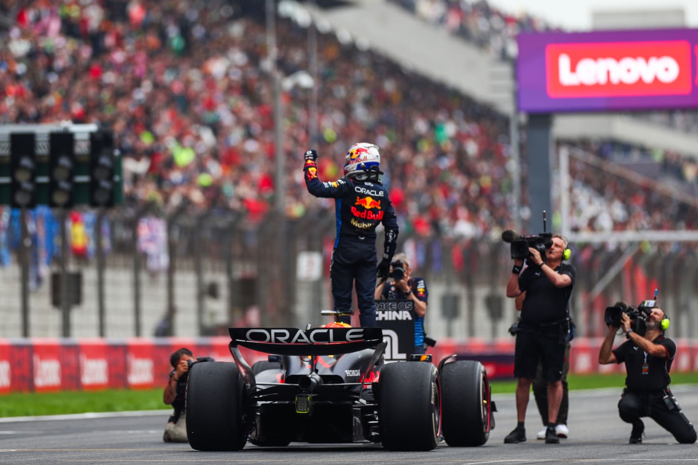 SHANGHAI, CHINA - APRIL 21: Max Verstappen of Oracle Red Bull Racing and The Netherlands celebrates finishing in first position in parc ferme during the F1 Grand Prix of China at Shanghai International Circuit on April 21, 2024 in Shanghai, China. (Photo by Peter Fox/Getty Images)