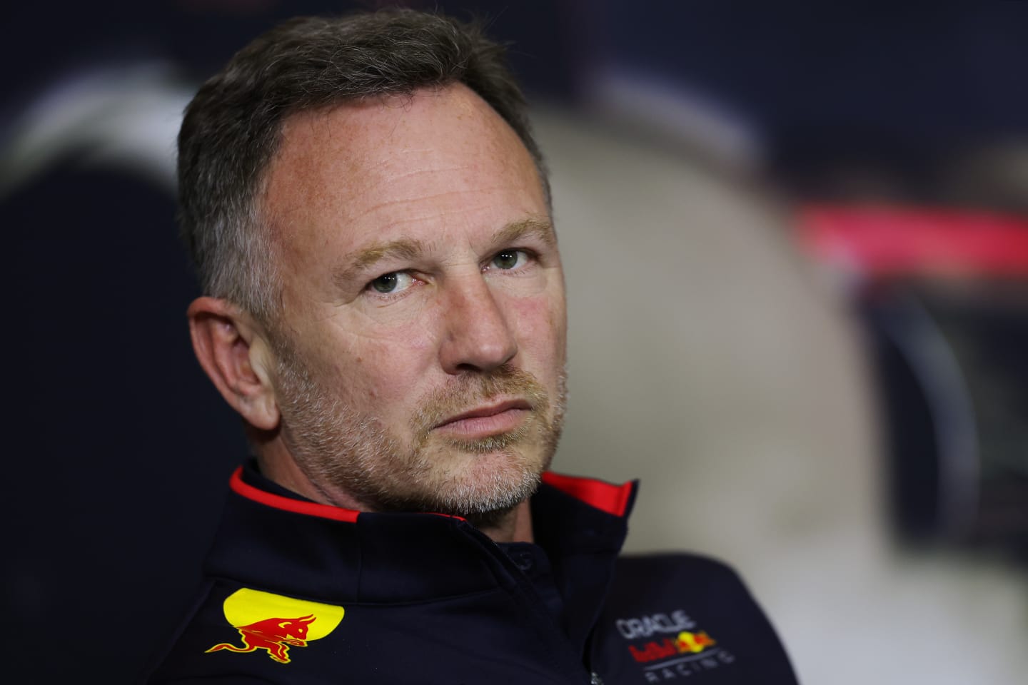 SHANGHAI, CHINA - APRIL 19: Oracle Red Bull Racing Team Principal Christian Horner attends the Team Principals Press Conference ahead of the F1 Grand Prix of China at Shanghai International Circuit on April 19, 2024 in Shanghai, China. (Photo by Lintao Zhang/Getty Images )