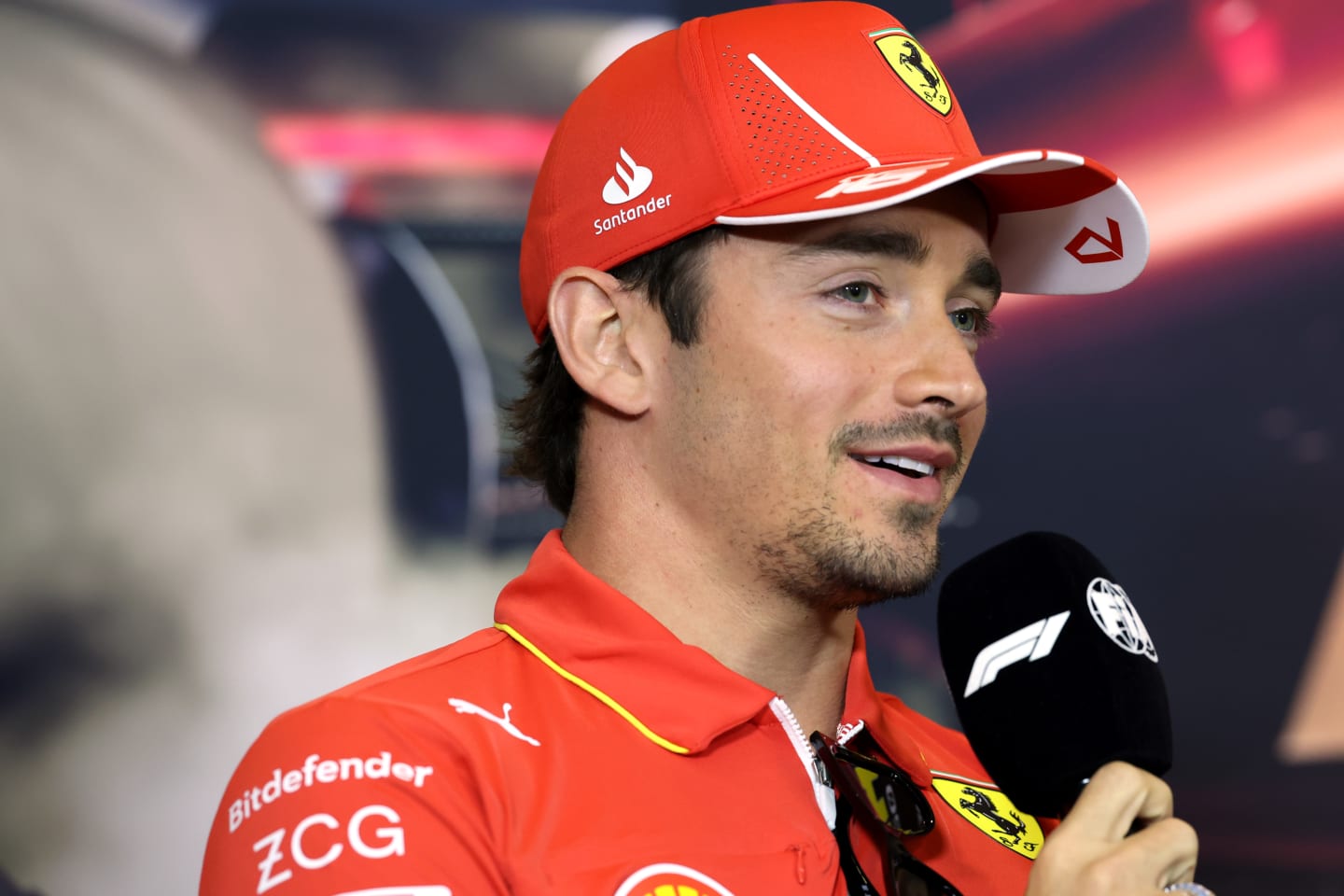 SHANGHAI, CHINA - APRIL 18: Charles Leclerc of Monaco and Ferrari talks in the Drivers Press Conference during previews ahead of the F1 Grand Prix of China at Shanghai International Circuit on April 18, 2024 in Shanghai, China. (Photo by Lintao Zhang/Getty Images )